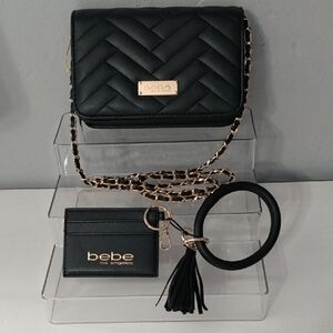 Bebe Sophia Black Crossbody Quilted Chevron Chain Strap Card Holder Tassel